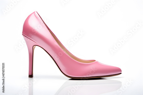 Side view of single elegant pink high heel woman shoe on white background