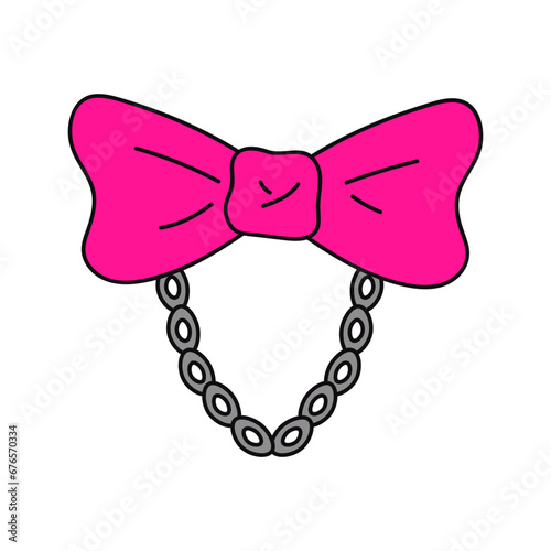 Emo pink bow with chain. Y2k style. Black subculture. Vector flat illustration isolated on white background.