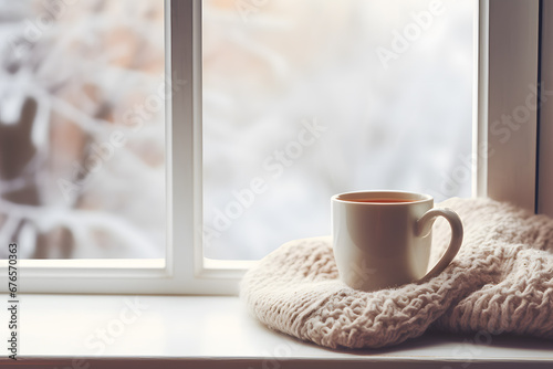 Cup of hot coffee or cocoa and plait an window with snow landscape