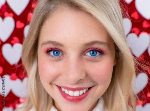 Beauty blonde girl model smiling on hearts background. Valentine's Day, ''Fall In Love'' Concept photo