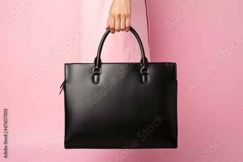 close up of a person holding a minimalist black tote bag with a sleek design against a contrasting pink background