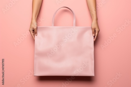 close up person's hands holding a large, pale pink tote bag against a matching pink background, presenting a blank canvas for design mockups or advertising