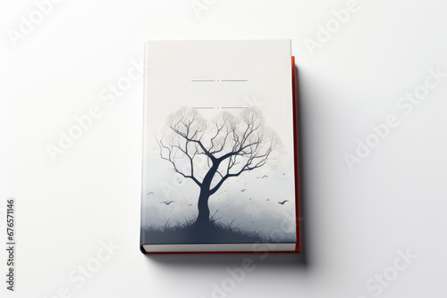 Book cover design with tree and birds silhouette on white background