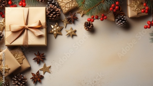 Christmas gifts concept. Top photo of gift boxes with gold ribbon bows, gold baubles, star decorations, cookies and cinnamon.