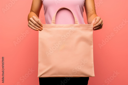 close up of a casual peach colored tote bag held by a person in a pink top, set against a vibrant pink background, emphasizing the product for a mock up presentation