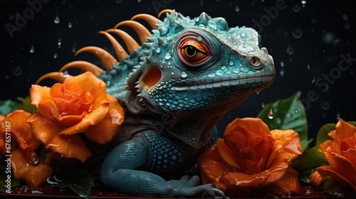  a close up of an iguana on a table with orange flowers and drops of water on its face.  generative ai