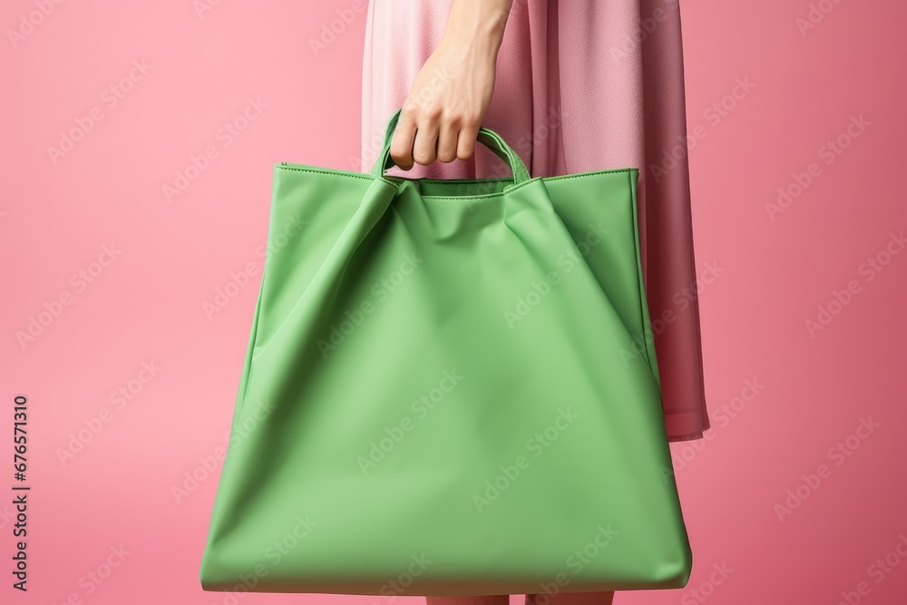 green tote bag being held by a woman's hand against a pink background. The bag is made of a leather like material and has a simple yet trendy design