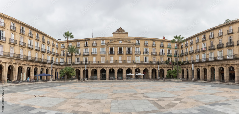 Panoramic view of Plaza Barra or Plaza Nueva, a neoclassical square in the historic area of Casco Viejo, downtown Bilbao, Spain