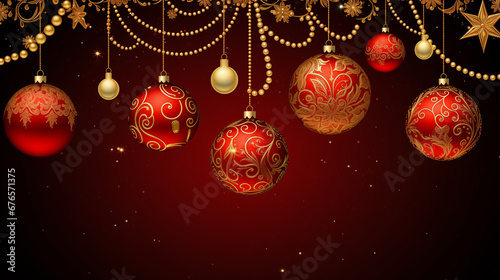 Christmas holiday concept banner with Christmas red and gold ornament balls  isolated on dark red background  copy space. Winter holidays  New Year.