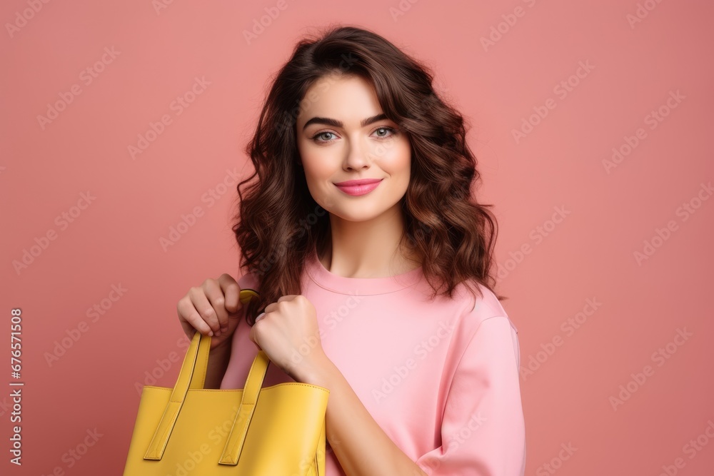 woman with bouncy curls and a radiant smile, holding a vibrant yellow tote bag, dressed in a soft pink top against a rose colored backdrop woman with bouncy curls and a radiant smile, holding a vibrant yellow tote bag, dressed in a soft pink top against a rose colored backdrop