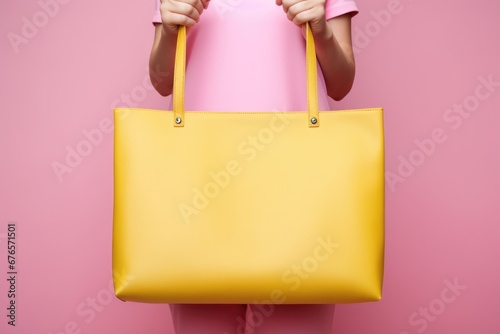 woman in a pink shirt holding a bright yellow tote bag against a soft pink background