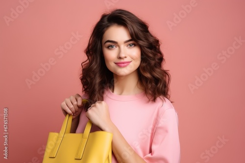 woman with bouncy curls and a radiant smile, holding a vibrant yellow tote bag, dressed in a soft pink top against a rose colored backdrop