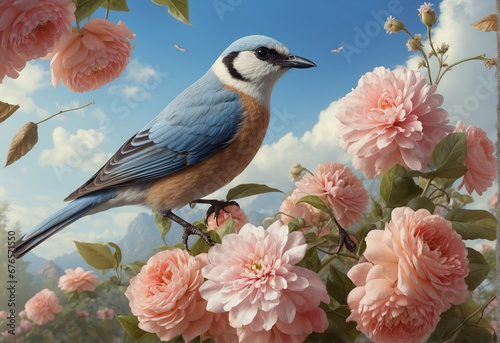 a beautiful bird with a flower garden blue sky - AI Generative