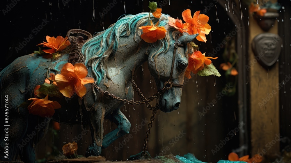 Fototapeta premium a statue of a horse with orange flowers on it's head and a chain around it's neck. generative ai