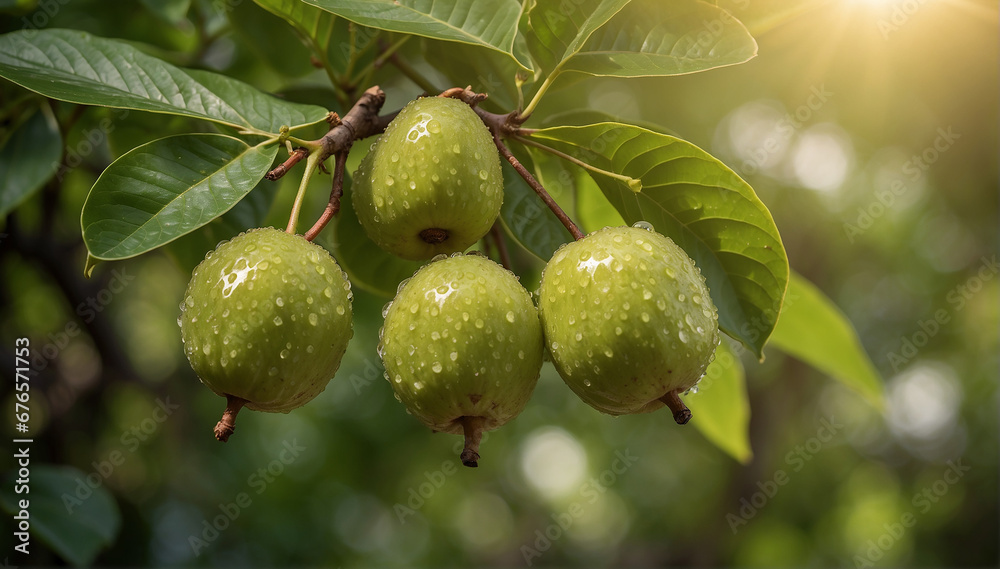 A closeup of a couple of guava hanging on a branch with a defocused background - AI Generative