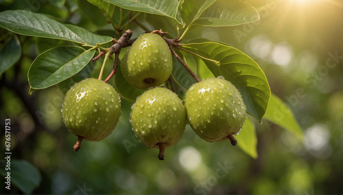 A closeup of a couple of guava hanging on a branch with a defocused background - AI Generative