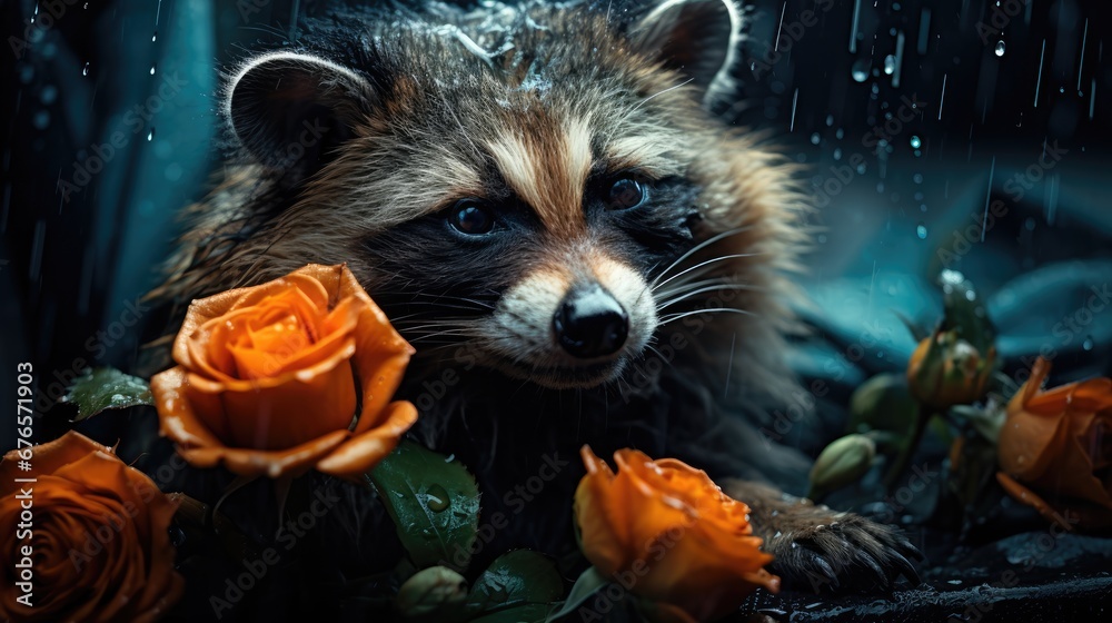 Obraz premium a raccoon in the rain surrounded by flowers and rain drops, with rain falling on it's face. generative ai