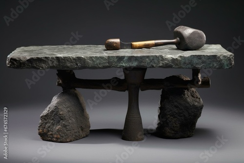 A hefty anvil shaped like a stone table, adorned with a hammer and metal objects. Generative AI