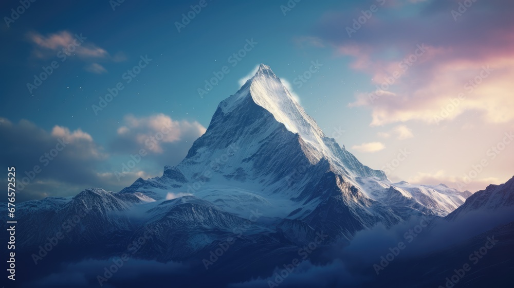  a very tall mountain with a lot of snow on it's face and clouds in the sky above it.  generative ai