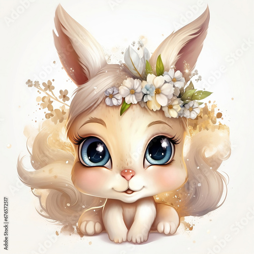 Ilustración dibujo animado conejito adorable ojos tiernos, fondo blanco, juguete conejillo, creado por IA