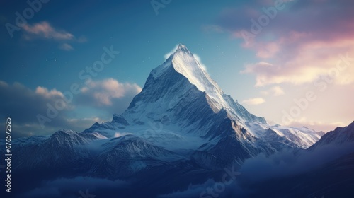  a very tall mountain with a lot of snow on it's face and clouds in the sky above it. generative ai