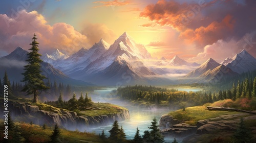  a painting of a mountain range with a river running through it and a sunset in the middle of the picture. generative ai