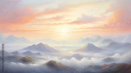  a painting of a mountain range with clouds in the foreground and a setting sun in the sky in the background.  generative ai