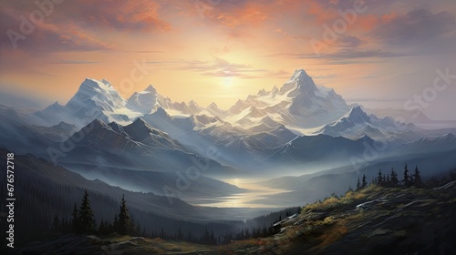  a painting of a mountain range with a lake in the foreground and a sunset in the middle of the picture. generative ai