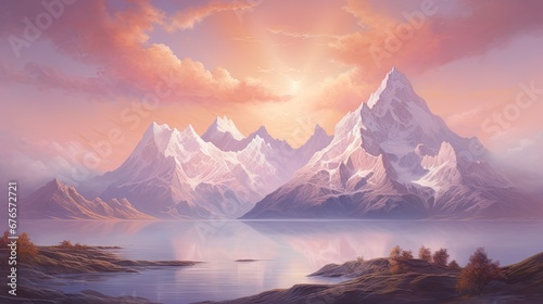  a painting of a mountain range with a lake in the foreground and trees in the foreground and a sunset in the background. generative ai