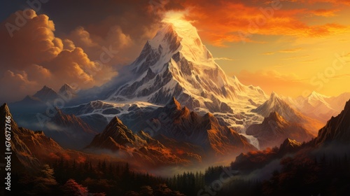  a painting of a mountain with clouds and trees in the foreground, and a sunset in the back ground. generative ai