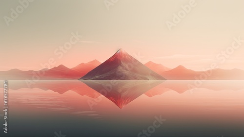  a large body of water with a mountain in the middle of the water and a pink sky in the background. generative ai