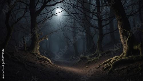 A winding path through a dark and eerie forest, illuminated only by the faint glow of moonlight filtering through the twisted branches above - AI Generative