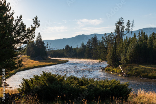 Morning light shines through mist in Yellowstone National Park