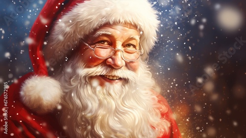 . Portrait of a happy Santa Claus making magic at night, releasing magical Christmas stars. watercolor drawing