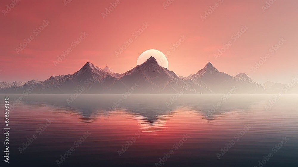  a large body of water with a mountain range in the background and a bright sun in the sky above it.  generative ai