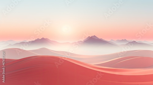  a desert landscape with a mountain range in the distance and the sun rising over the horizon in the distance in the distance. generative ai