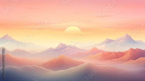  a painting of a mountain range with the sun setting in the distance and a pink and blue sky in the background.  generative ai