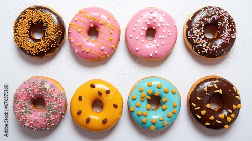  a group of doughnuts with different toppings arranged in a row on a white surface with sprinkles.  generative ai