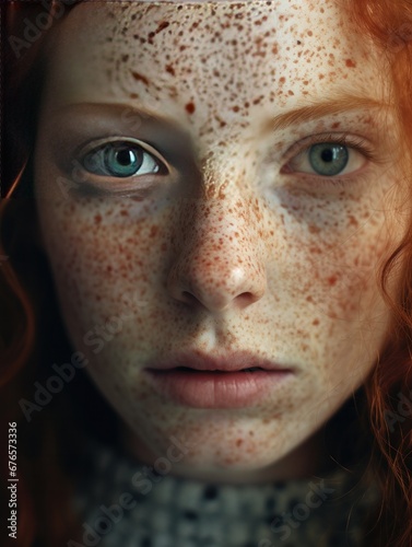 A deep, introspective portrait of a woman with freckles and attentive eyes photo