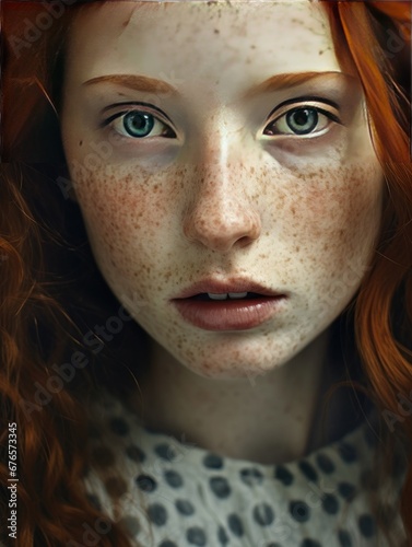 Image captures the curious and slightly surprising look of a redhead woman