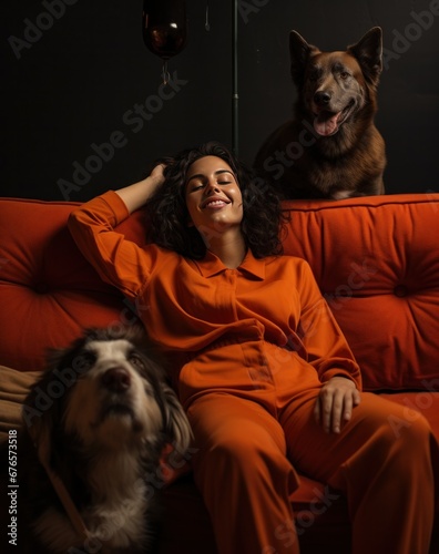 Joyful woman in orange loungewear with two happy dogs on an orange sofa in a cozy setting photo