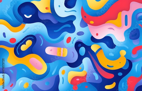 A dynamic abstract pattern with undulating shapes and colorful spots on a blue wavy background