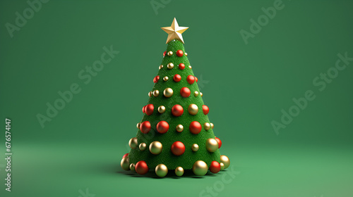 green Christmas tree with golden star  gold and red  ornaments  on green background