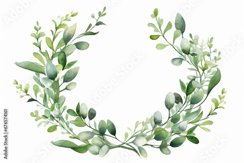 Watercolor floral wreath with green leaves and various elements like eucalyptus and olives, perfect for wedding stationery, greetings, wallpapers, fashion, background, texture, and. Generative AI
