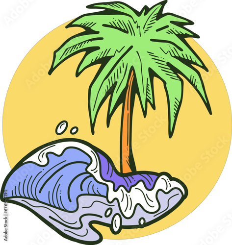 Palm and wave composition. Travel holiday, dream lagoon, spa resort, summer vacation, tropical paradise, ocean coast, sea shore design element. Hand drawn illustration, cartoon comic style vector.