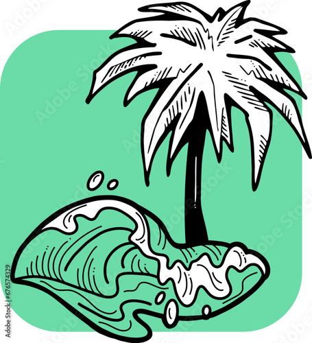 Palm and wave composition. Travel holiday, dream lagoon, spa resort, summer vacation, tropical paradise, ocean coast, sea shore design element. Hand drawn illustration, cartoon comic style vector.