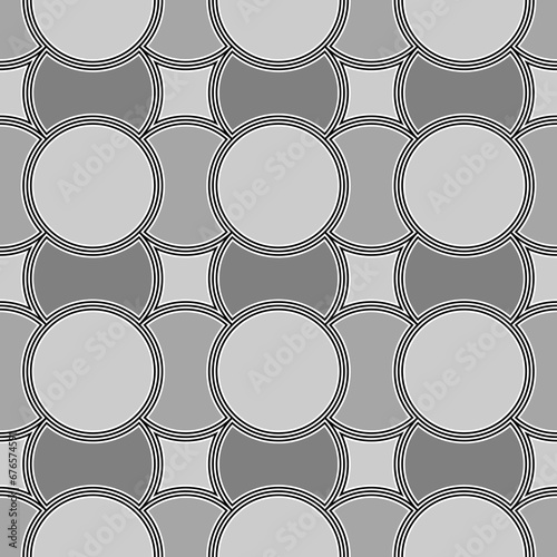 Grey figures background. Overlapping circles texture. Ethnic motif. Seamless surface pattern design with circular quilts ornament. Digital paper with rings for textile print, web designing. Vector