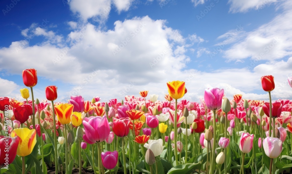 A field of colorful tulips with clouds overhead