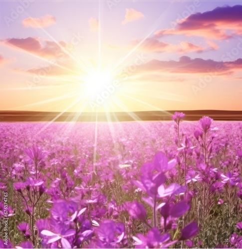 A beautiful sunny day with purple flowers  in the style of dreamlike horizons