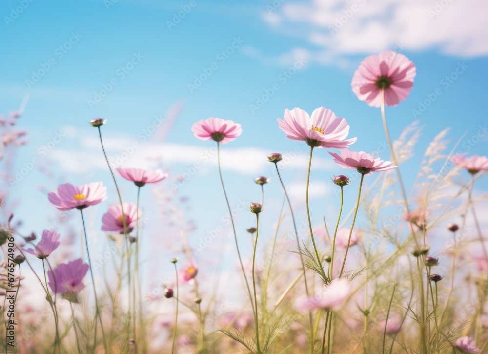 A large field of colorful flowers with blue sky A large field of colorful flowers with blue sky